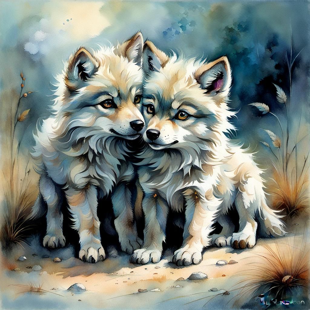 Playful Wolf Cubs in Whimsical Style