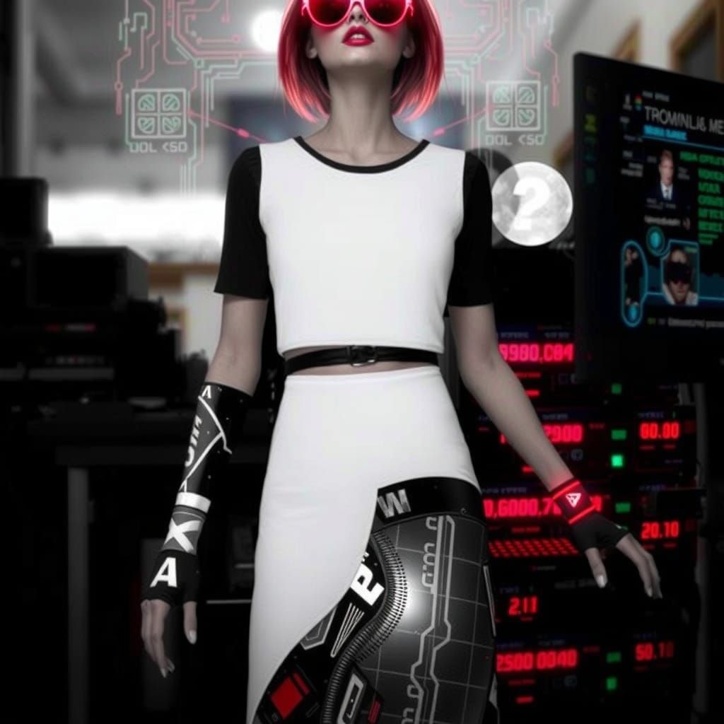 Cyberpunk Woman at Keyboard with Holographic Interface