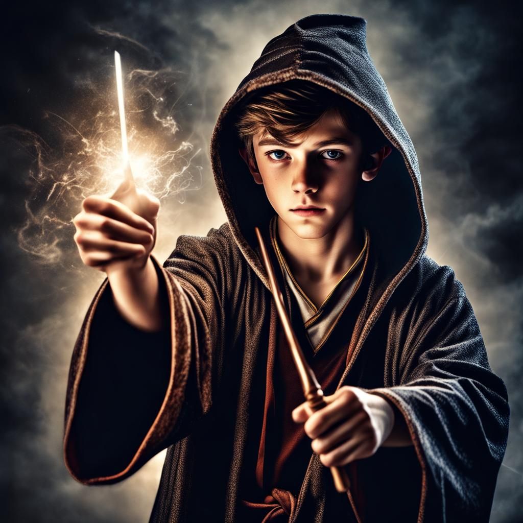 Teenage Wizard Casting Spell, Hyperrealistic Digital Art