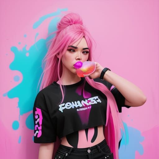 Graffiti Girl Blows a Vibrant Pink Bubble