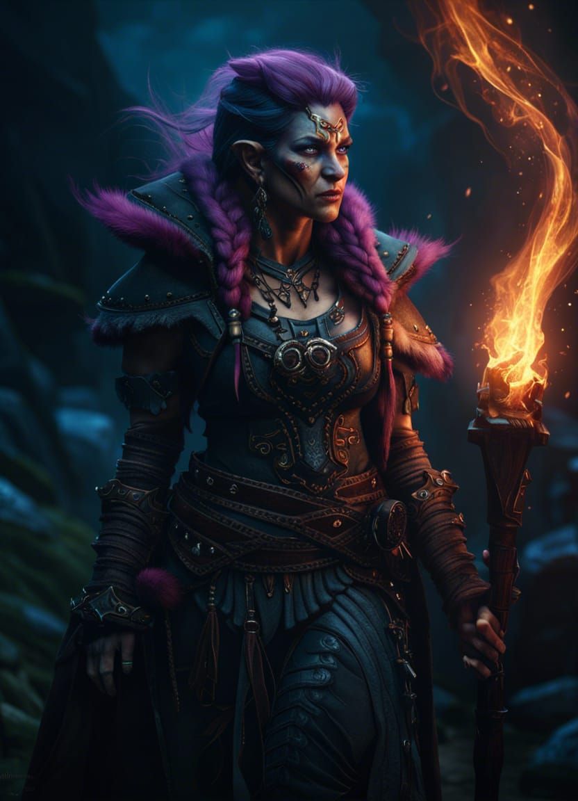 Epic Female Troll Warlock Portrait in Dark Fantasy Style