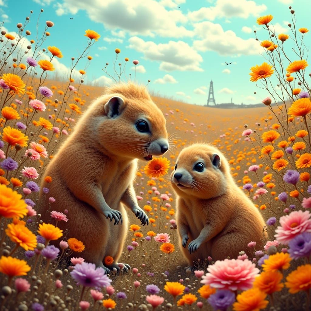 Prairie Dogs in Hyperrealistic Flower Field