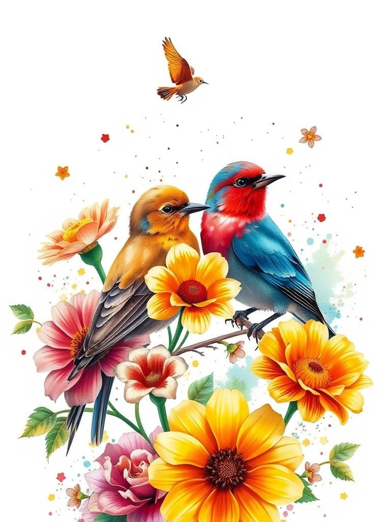 Summer Birds and Flowers in Alcohol Splash Art