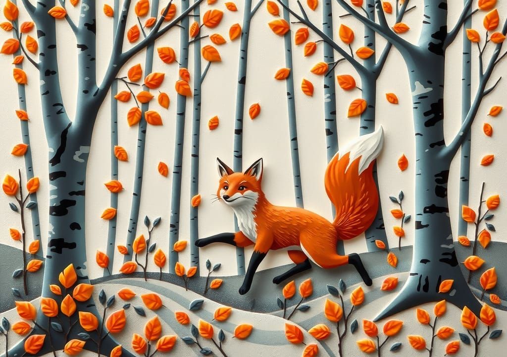 Fox Playing in Autumn Forest: Embossed Abstract Art
