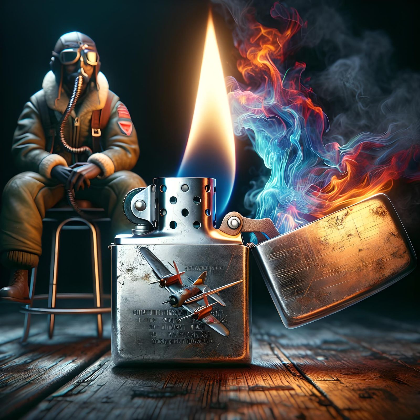 Pilot Leaning on Zippo Lighter Igniting: Hyperrealistic Conc...