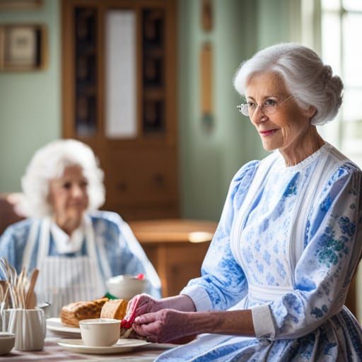 Elegant Woman in Blue Dress and Apron