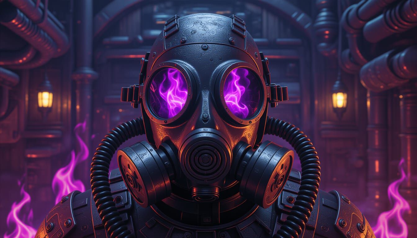 Steampunk Gas Mask Forged in Purple Flames