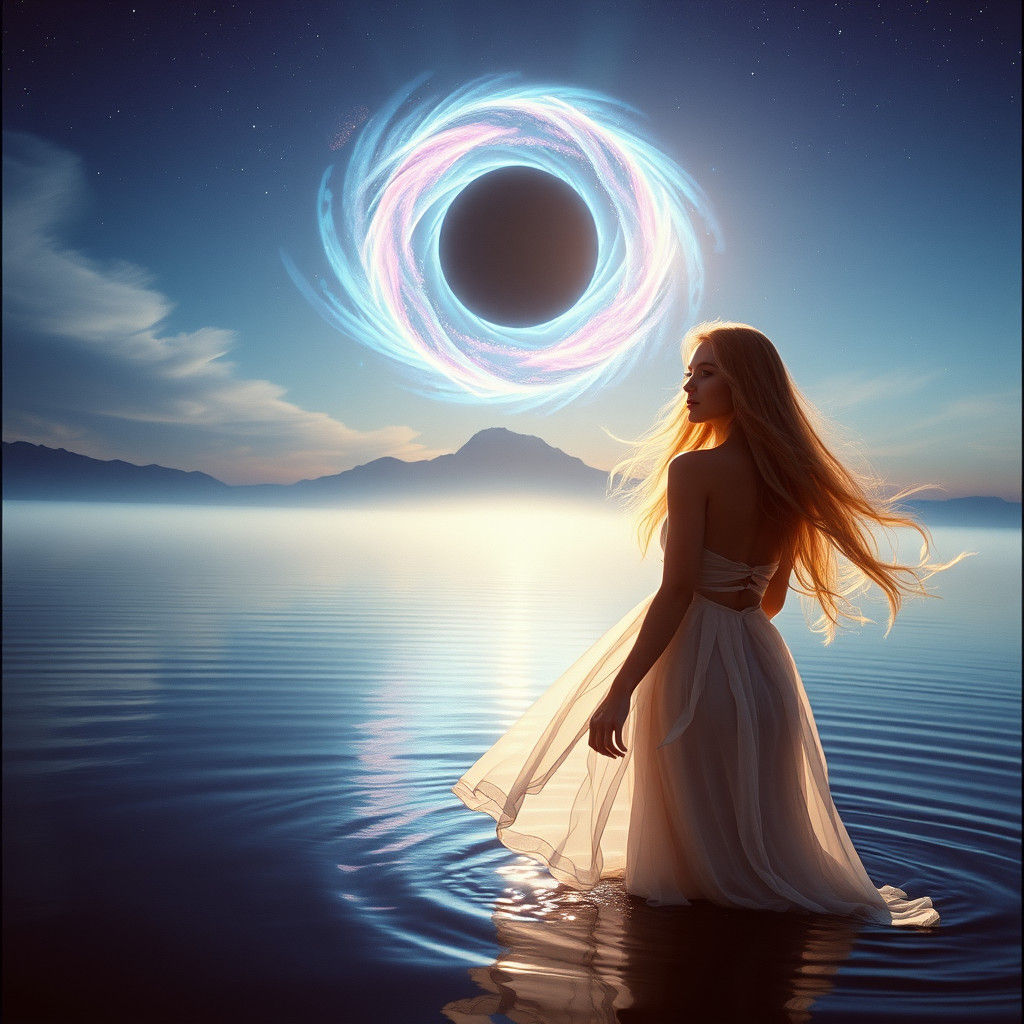 Ethereal Woman Basking Under Binary Blackhole