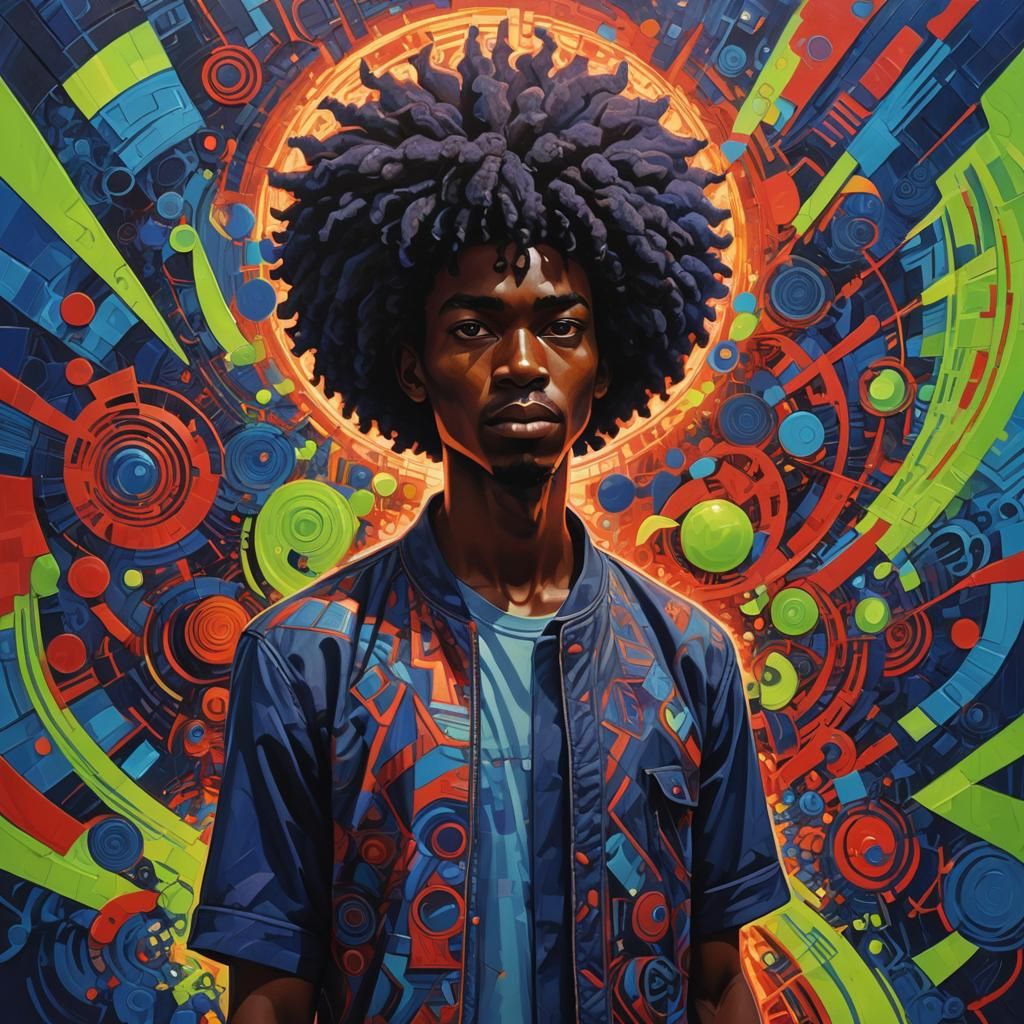 African Futurist Masterpiece: Young Ugandan Man in Vivid Afr...