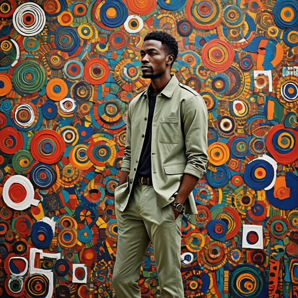 African Diasporic Male in Modern Attire Beside Vibrant Expre...