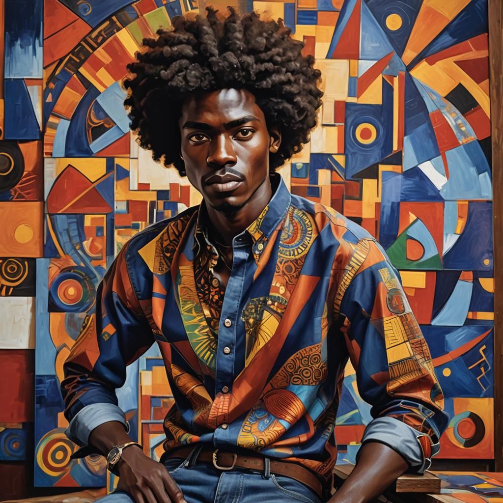 Striking Young Ugandan Man Admires Vibrant African Artwork