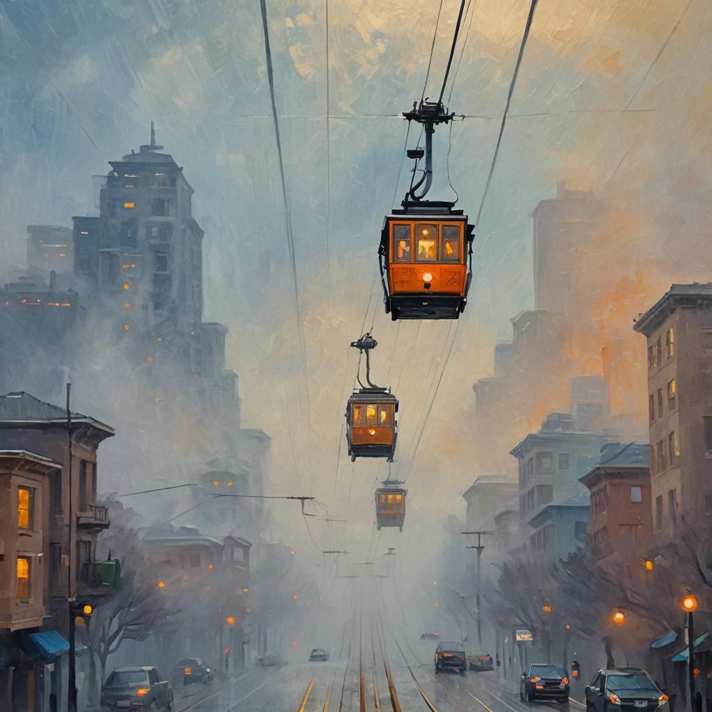 Vibrant Cable Cars Emerge from San Francisco Fog in Impasto...