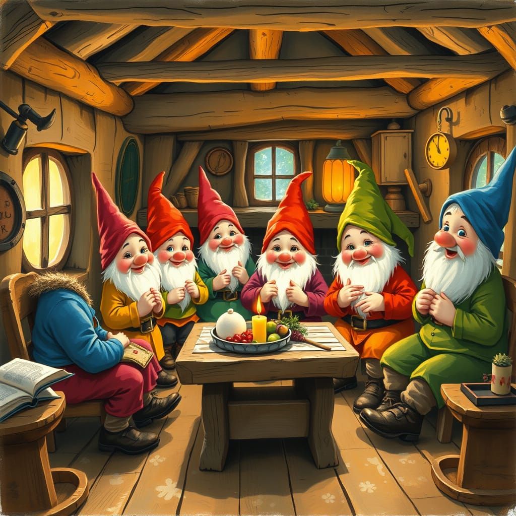 Cheerful Dwarfs in Whimsical Cottage Scene