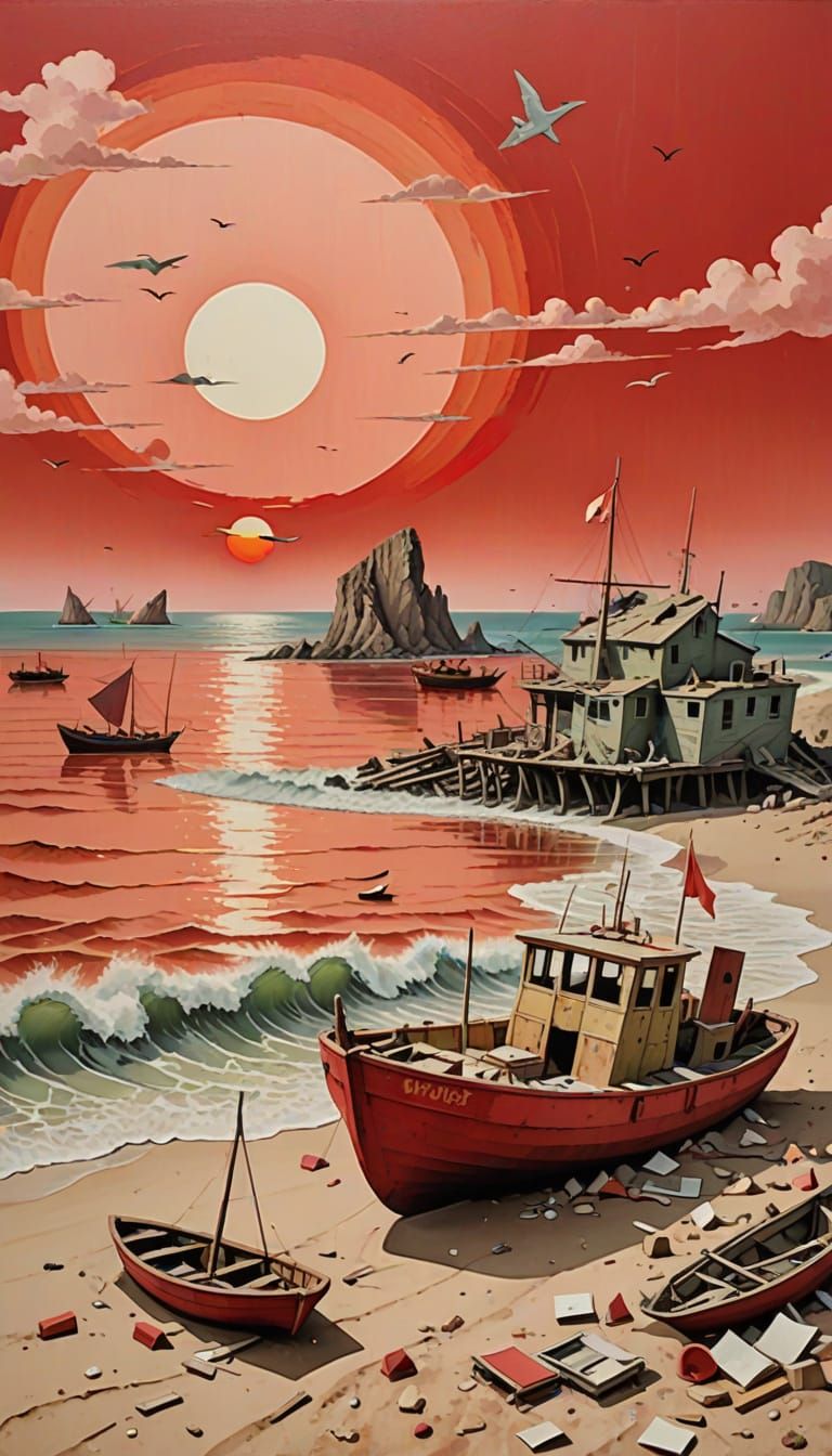 Dada Anti-Art Beach Scene with Red Sun
