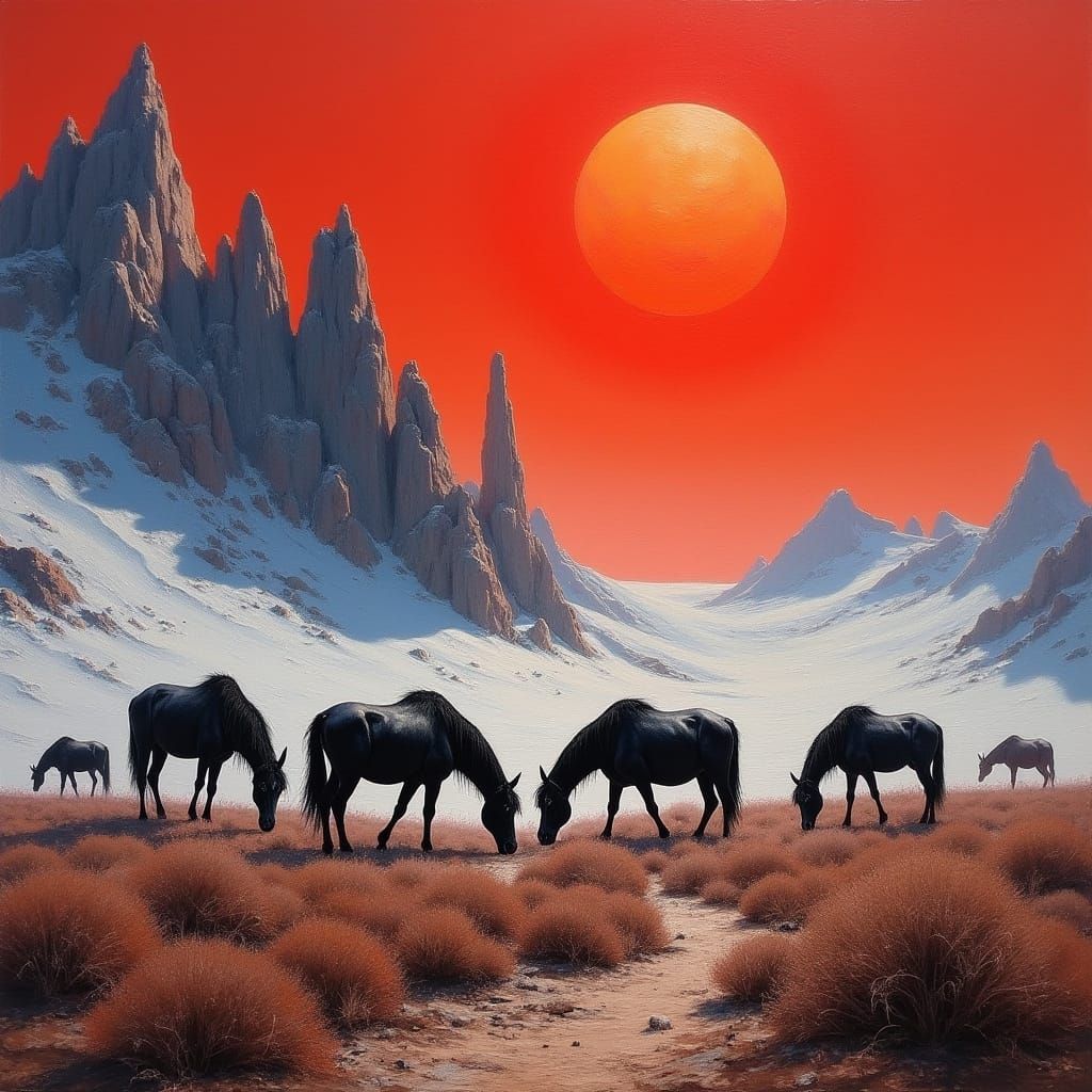 Alien Planet Oil Painting with Red Sun and Horse-like Herd