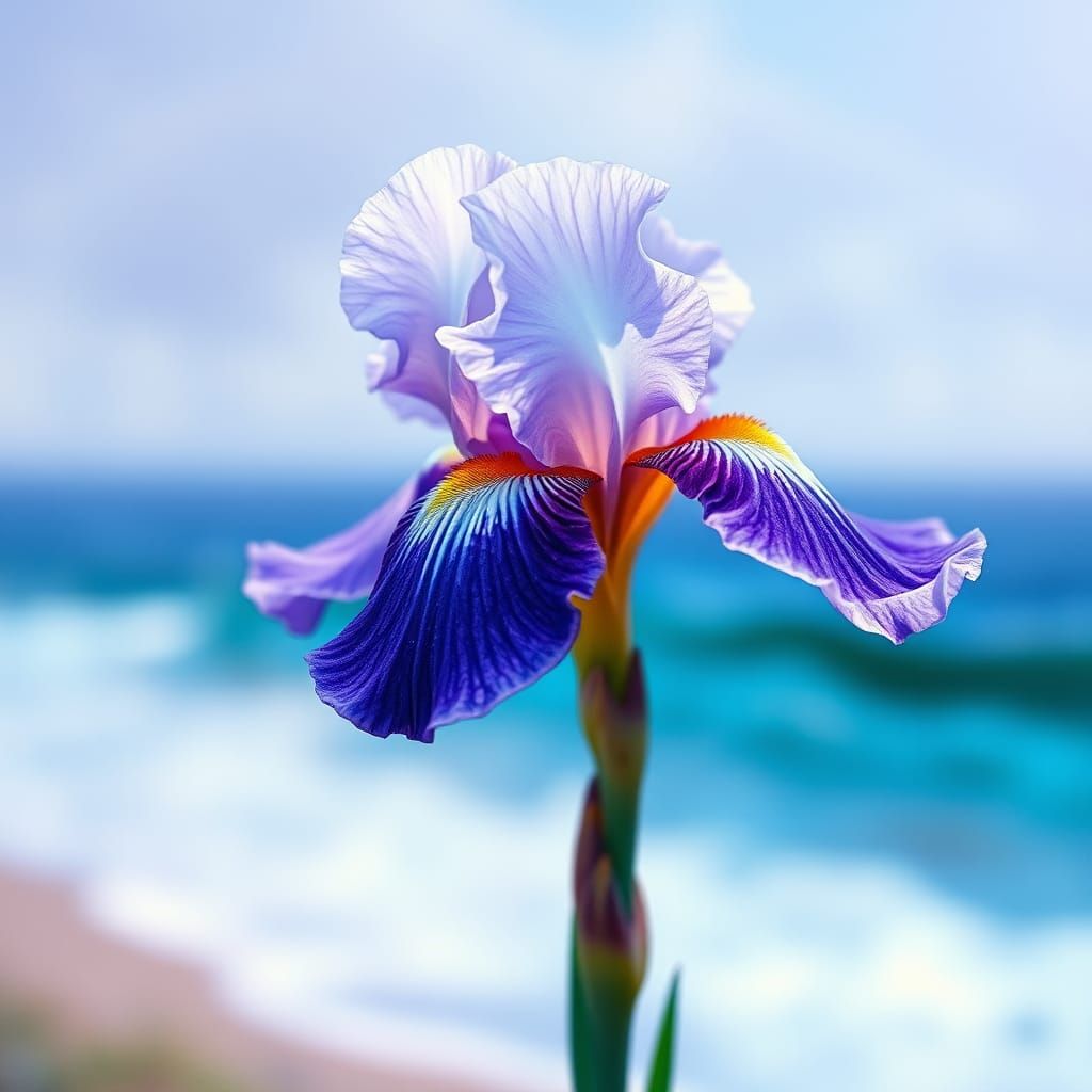 Lone Iris Blooms with Distant Seascape