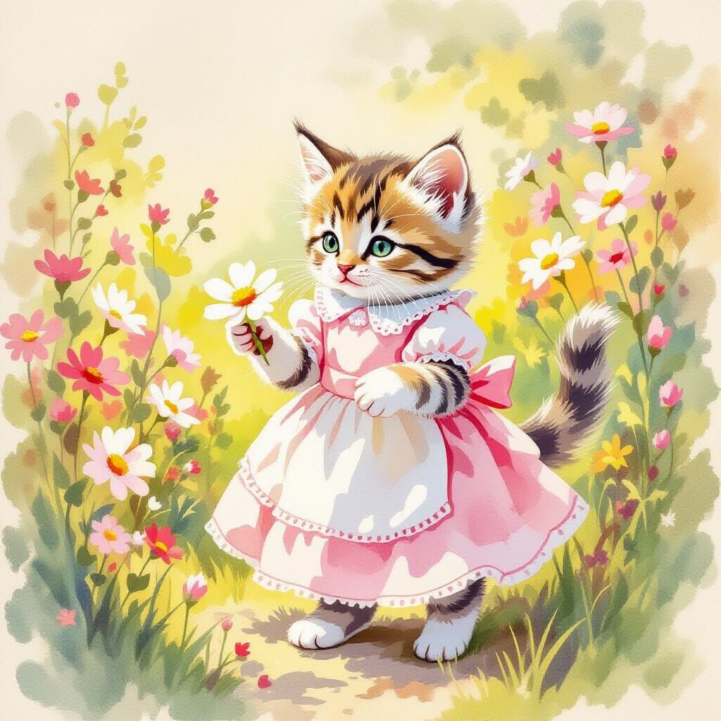 Kitten in Dress Plays with Flower in Sunny Garden