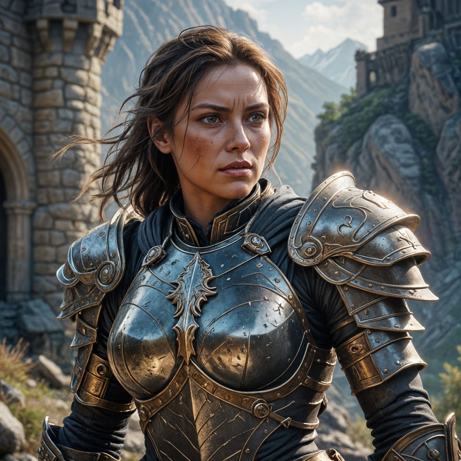 Majestic Battle-Worn Female Knight in Regal Armor