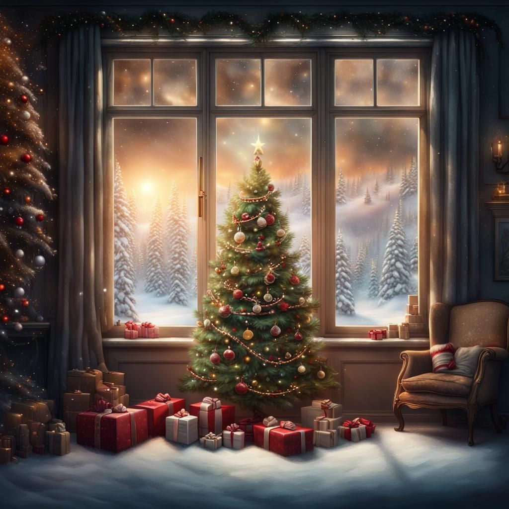 Christmas Scene with Santa and Decorated Tree