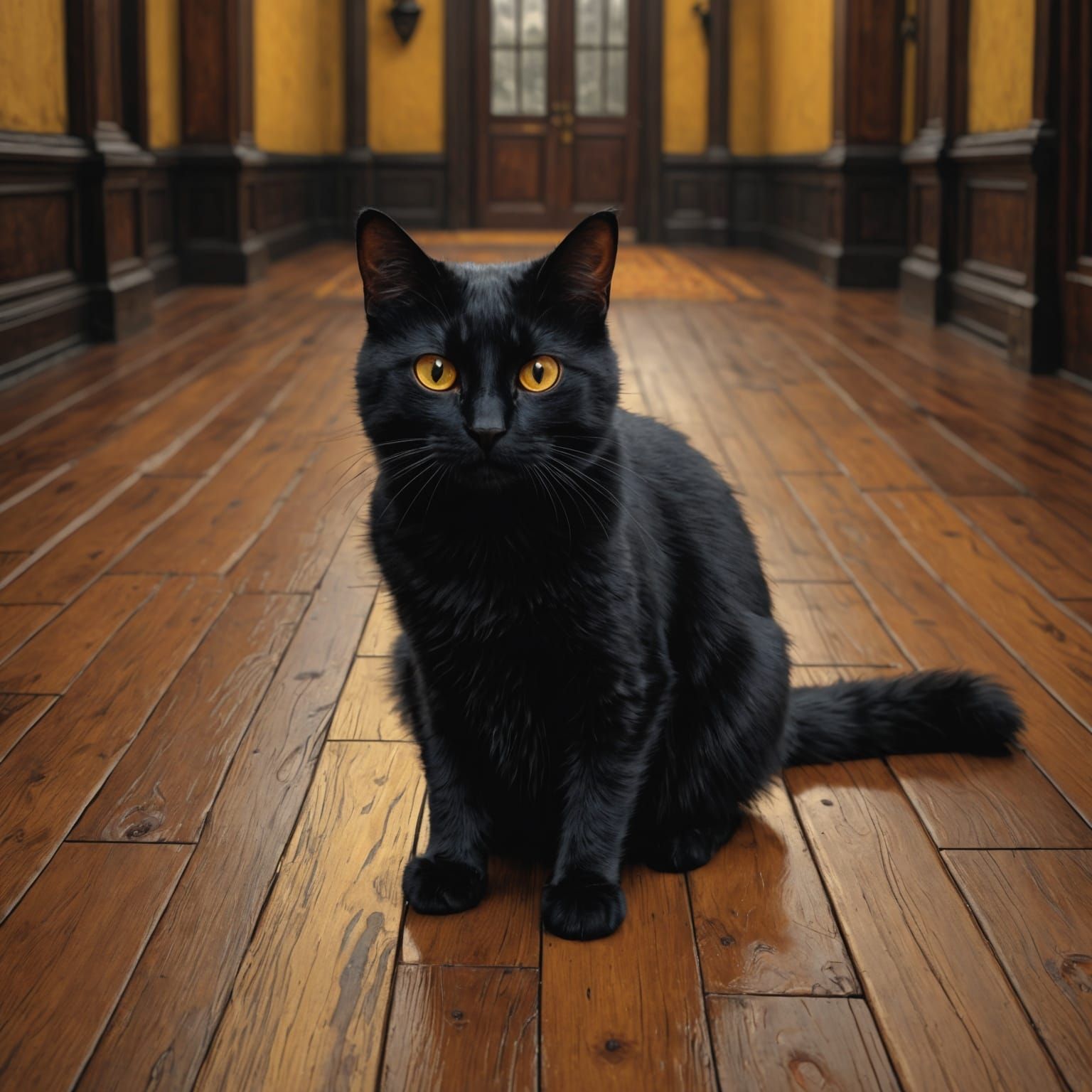 Black Cat with Yellow Eyes in Pre-Raphaelite Style
