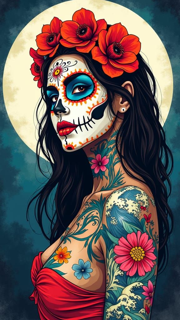 Day of the Dead Girl with Japanese Tattoos