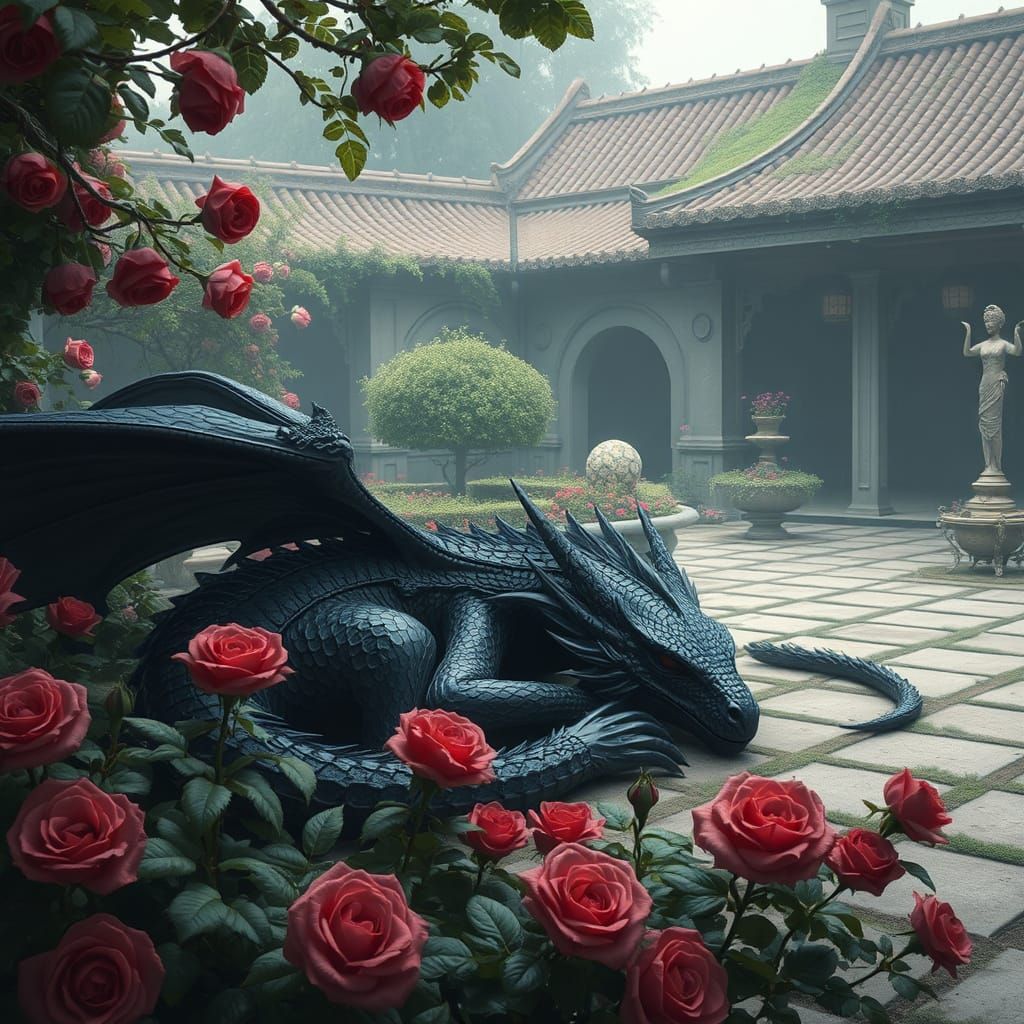 Majestic Black Dragon Slumbers in Rose Courtyard