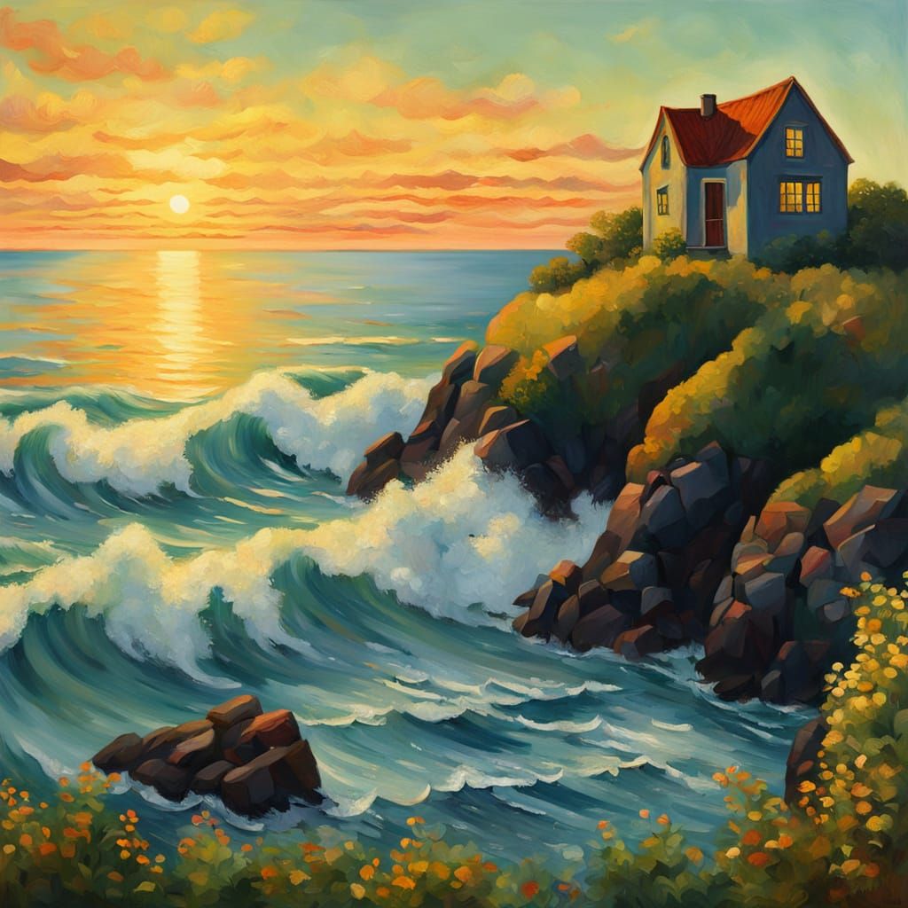 Neo-Impressionist Seascape: Tiny House on Cliff in Golden Li...