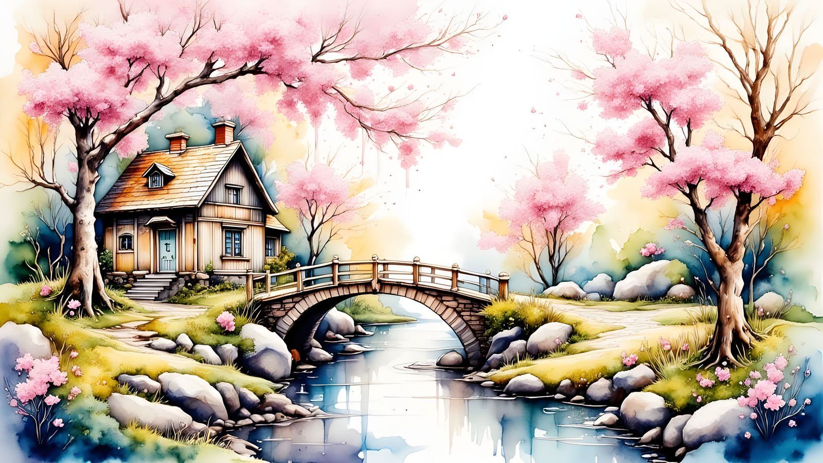 Watercolor Cottage by Stream with Cherry Blossoms