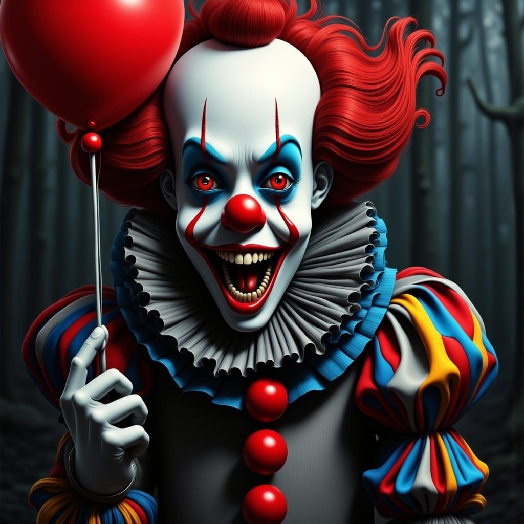 Sinister Clown with Balloon in Gothic Horror Style