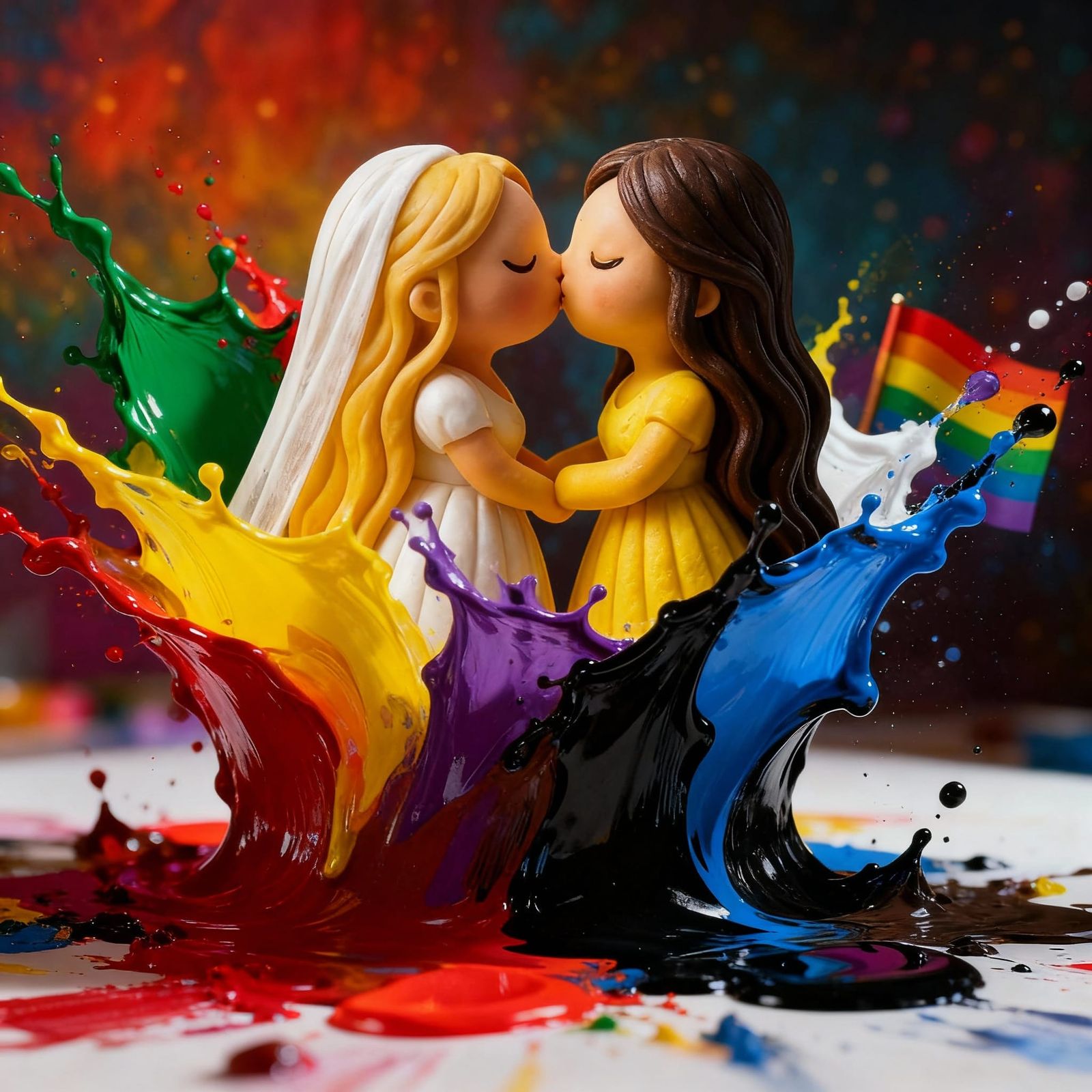 Bride and Bride in Love Amidst Colorful Chaos