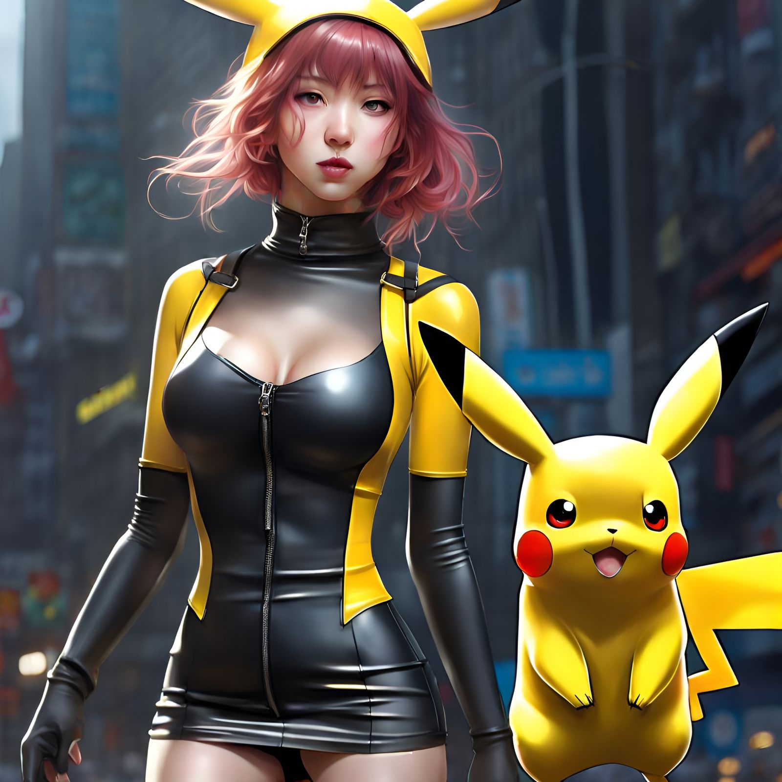 Pikachu Manhwa Girl in Latex, Hyperdetailed Digital Art