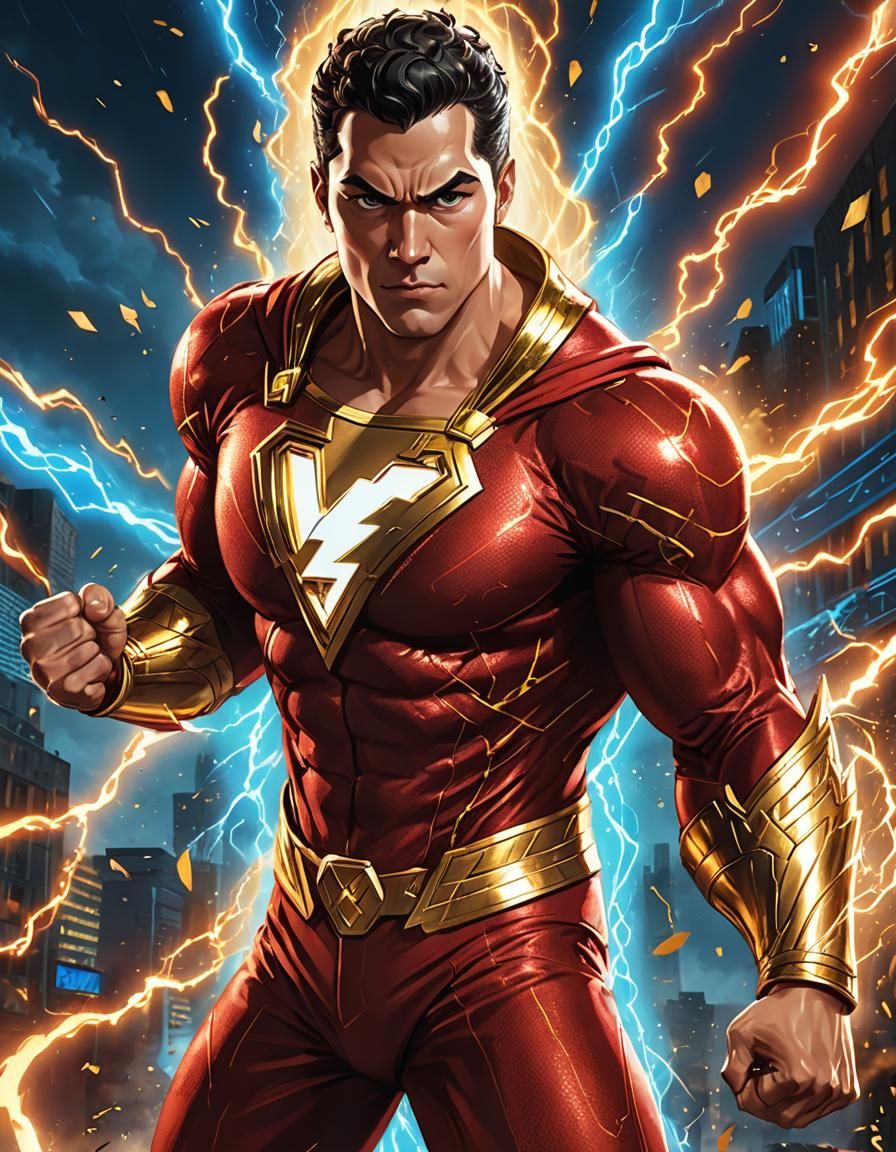 Shazam Heroic Pose in Realistic Anime Style