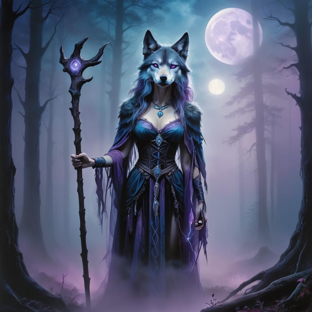 Majestic Wolf Sorceress in Misty Forest, Surreal Oil