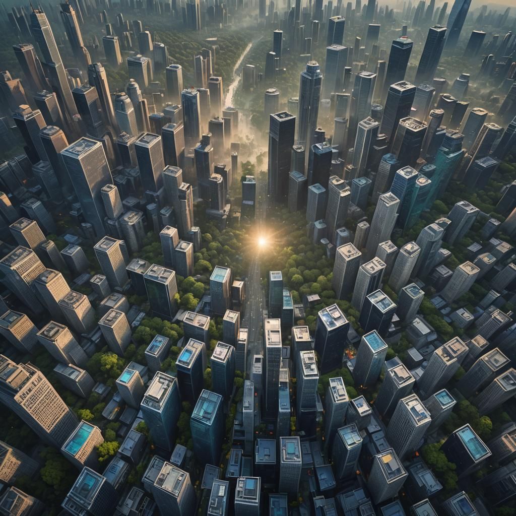 Epic Sunset Over Dark Blue Glass Skyscrapers