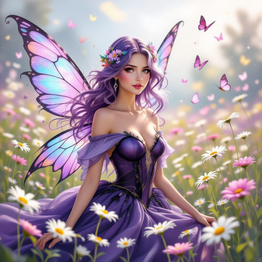 Fairy with Iridescent Wings and Lilac Hair in Dreamy Meadow