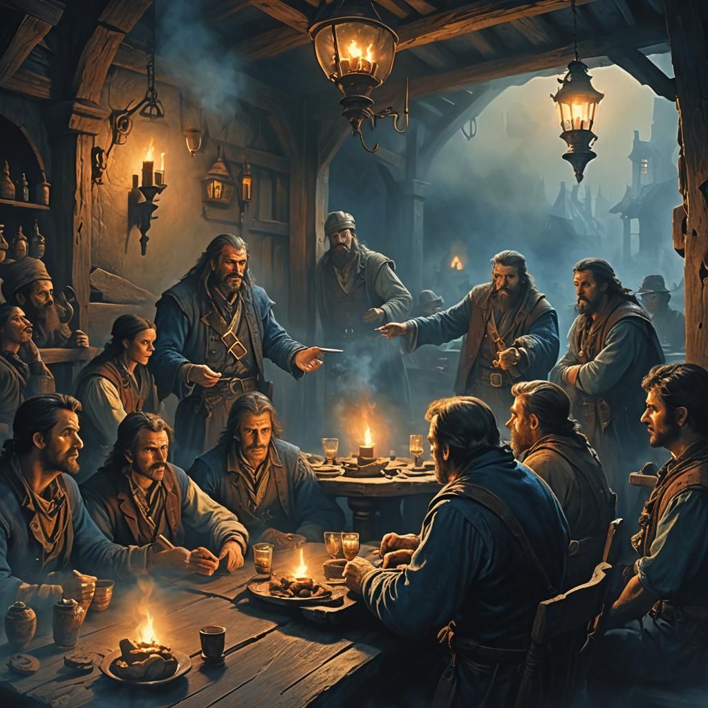 Frantic Merchant's Plea in Misty Tavern: Fantasy Concept Art