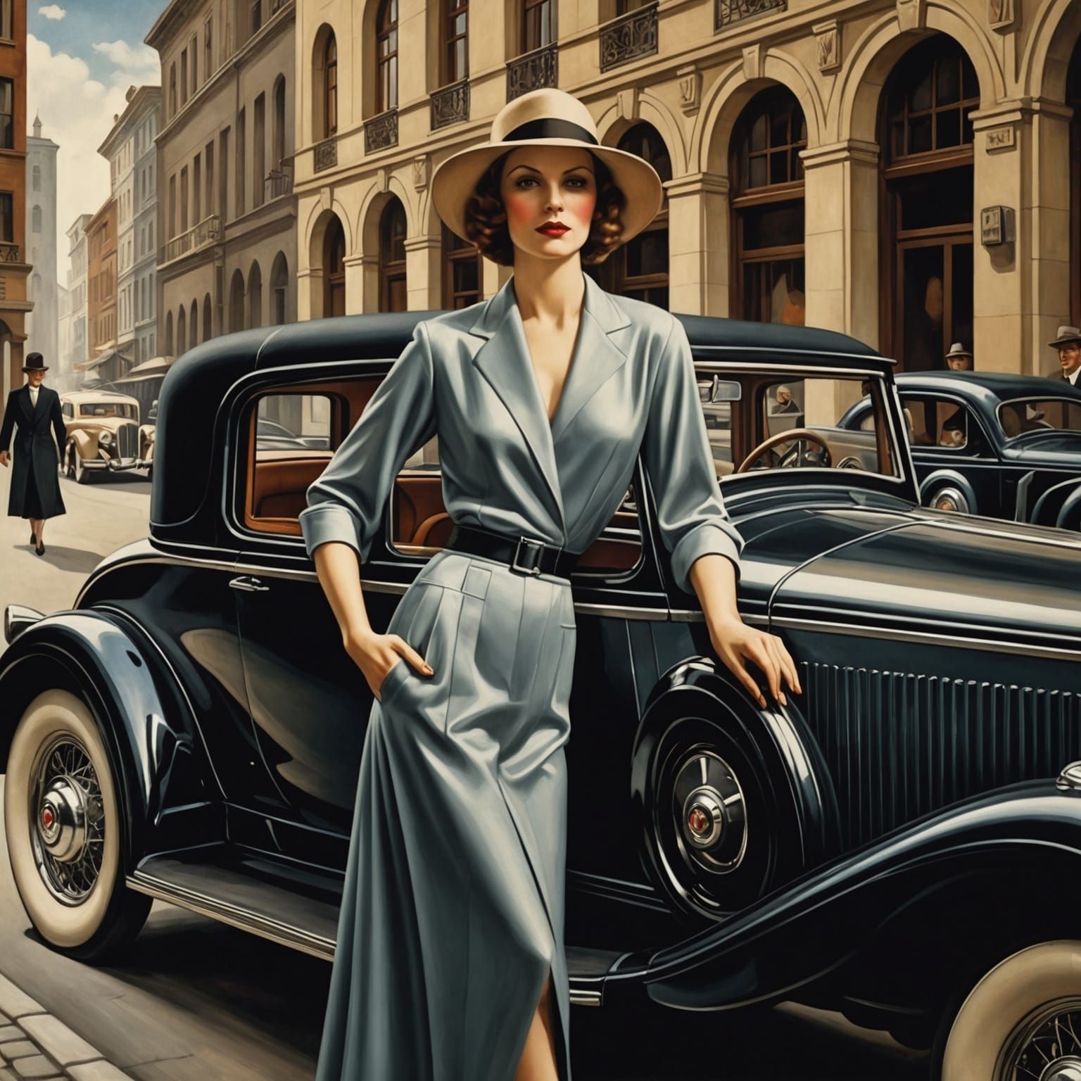 Elegant Woman by Car in Art Deco Style