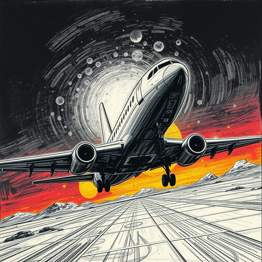 Aeroplane Landing in Existential Funk, Fine Line Etching