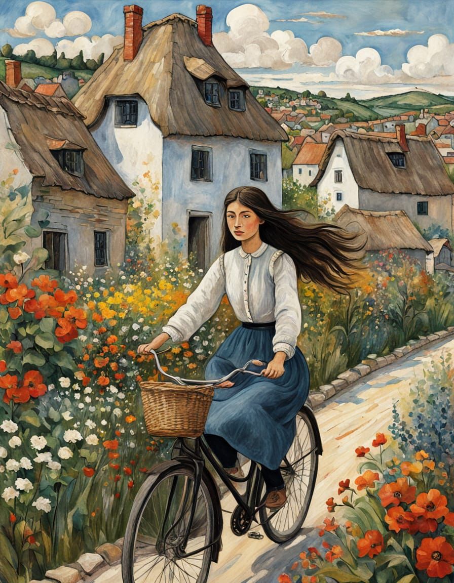 Naive Painting of a Woman Riding a Bicycle Past Village Hous...