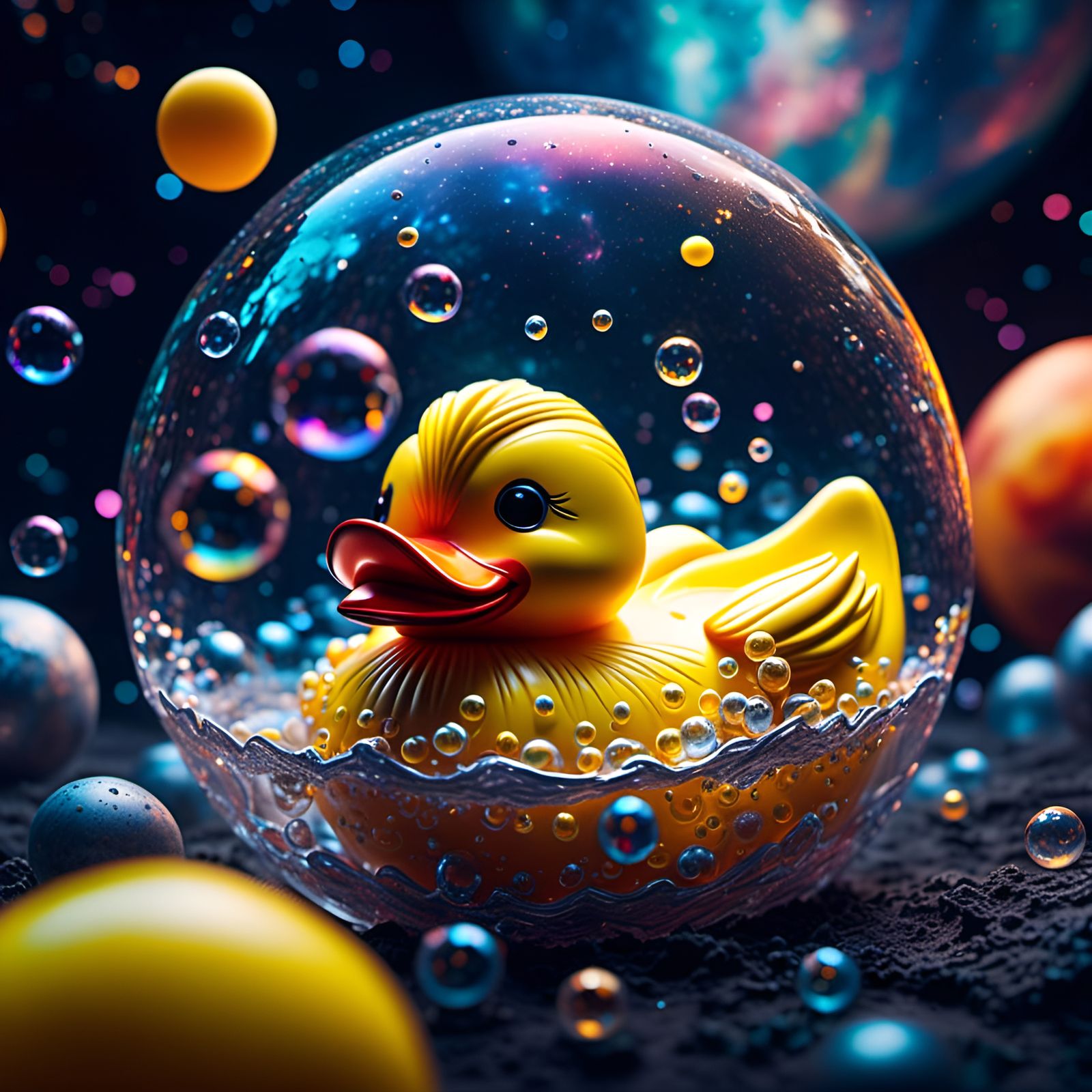 Hyperrealistic Rubber Ducky Floating in Space