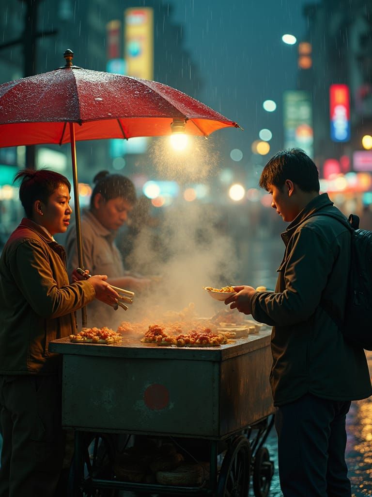 Street Food Vendors in the Rain, Cinematic Film Still