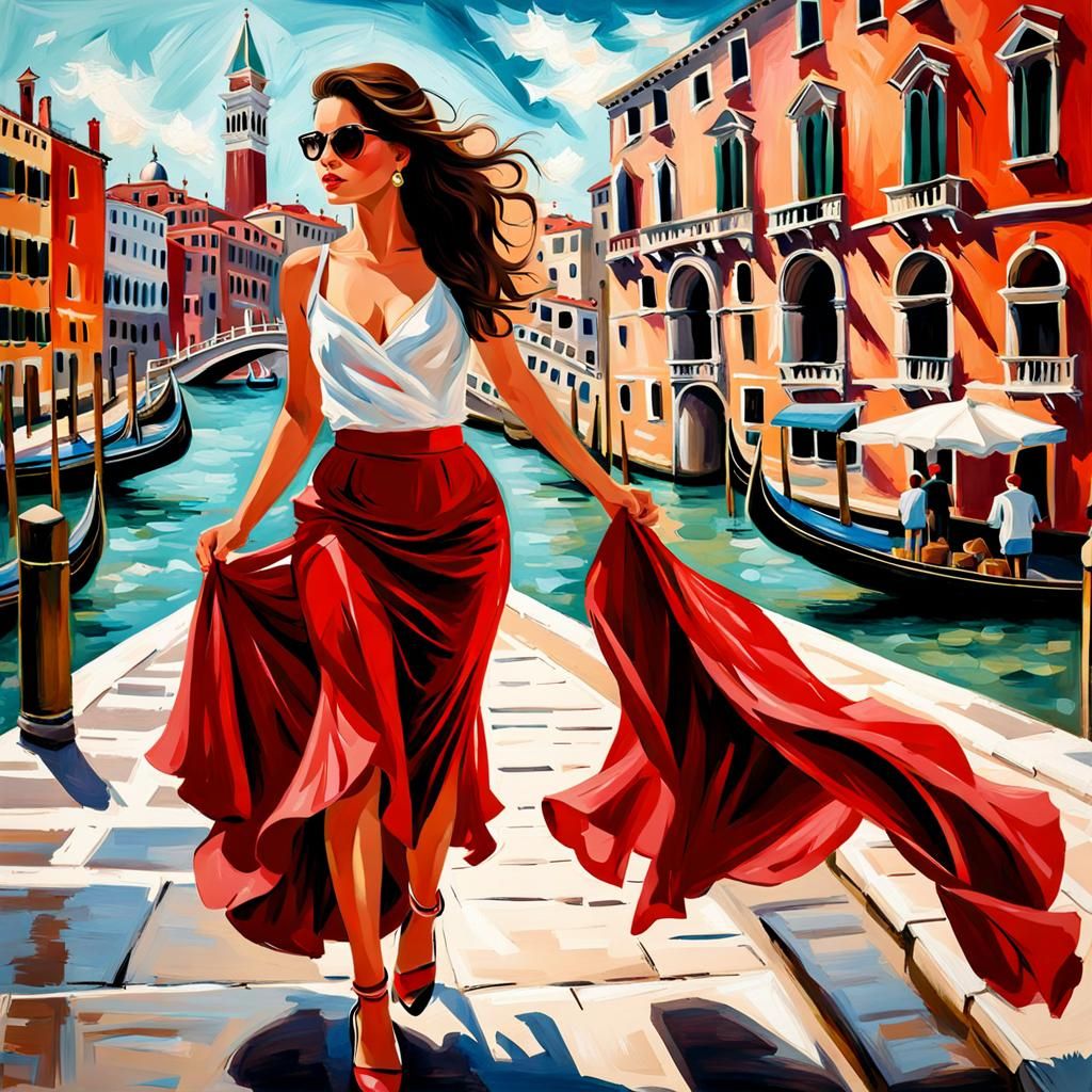 Gorgeous woman in a swishy red skirt strolling in Venice