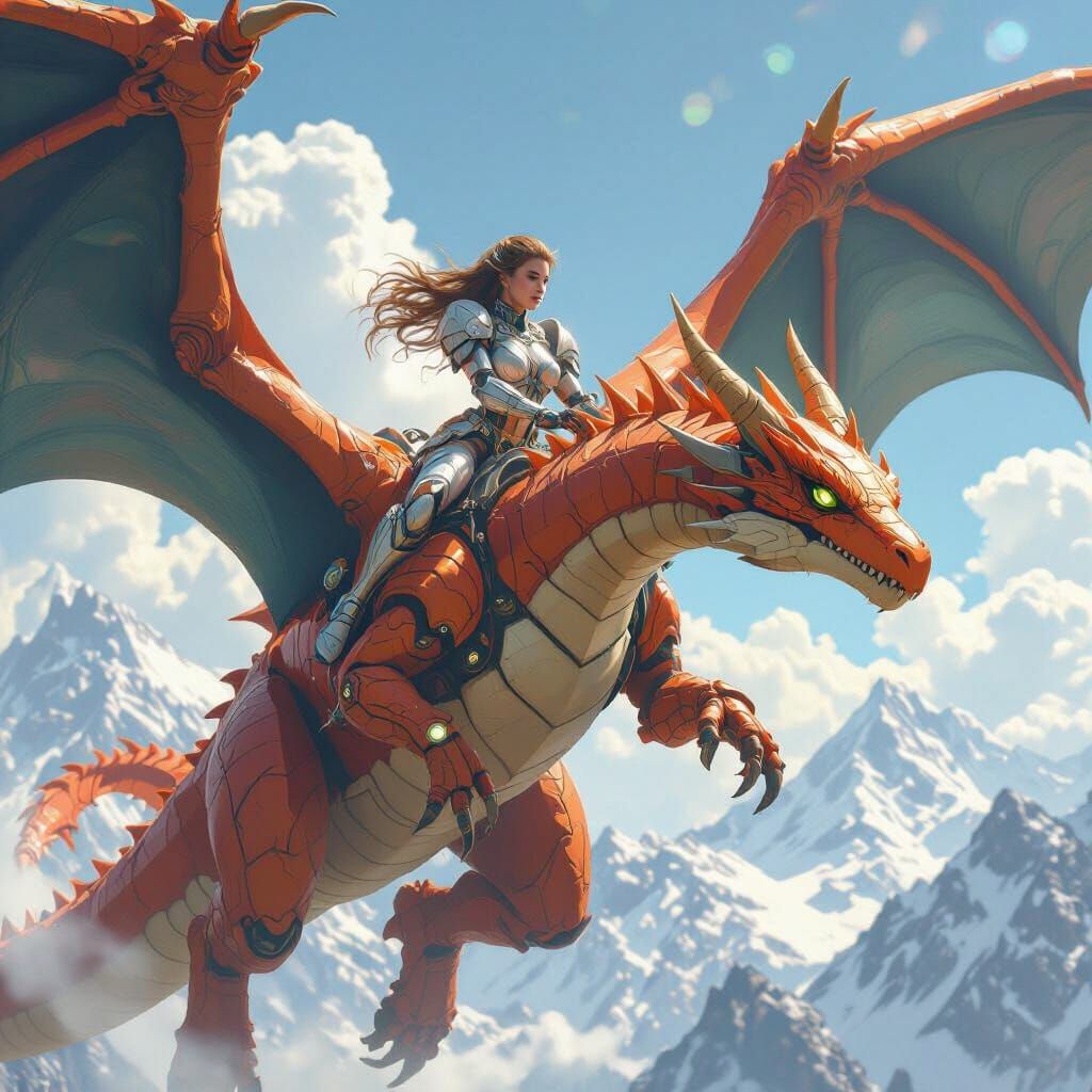 Cybernetic Woman Rides Charizard in Oil Painting Style