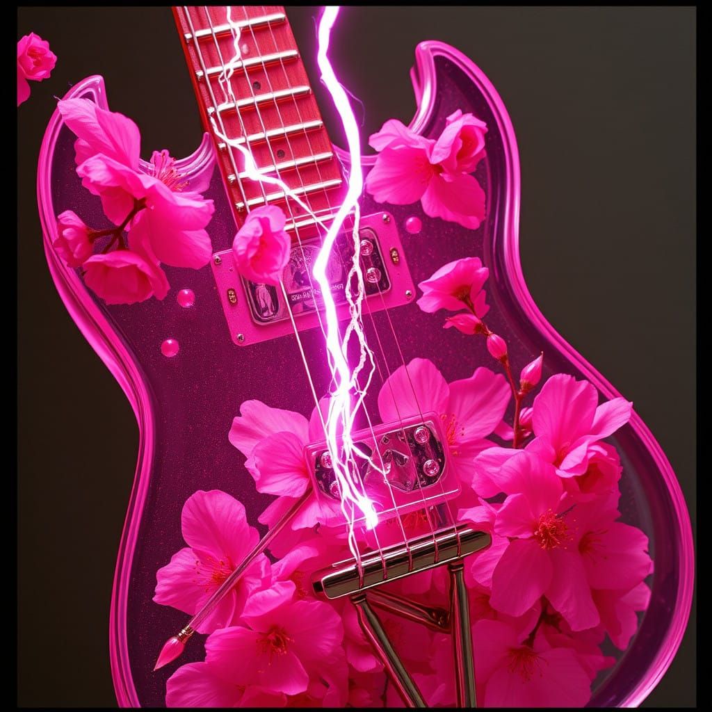 Pink Glass Guitar Shattered by Vibrant Lightning