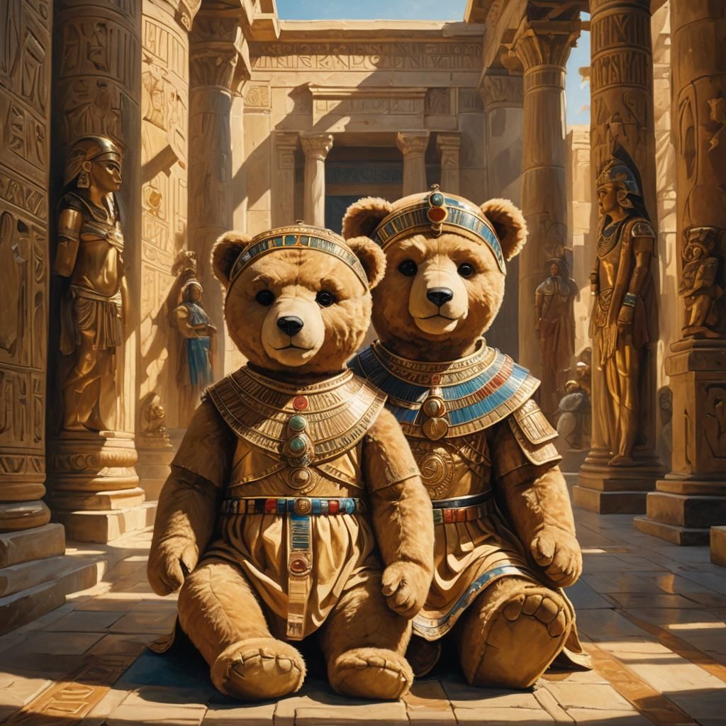 Teddy Bears as Caesar and Cleopatra in Egyptian Temple