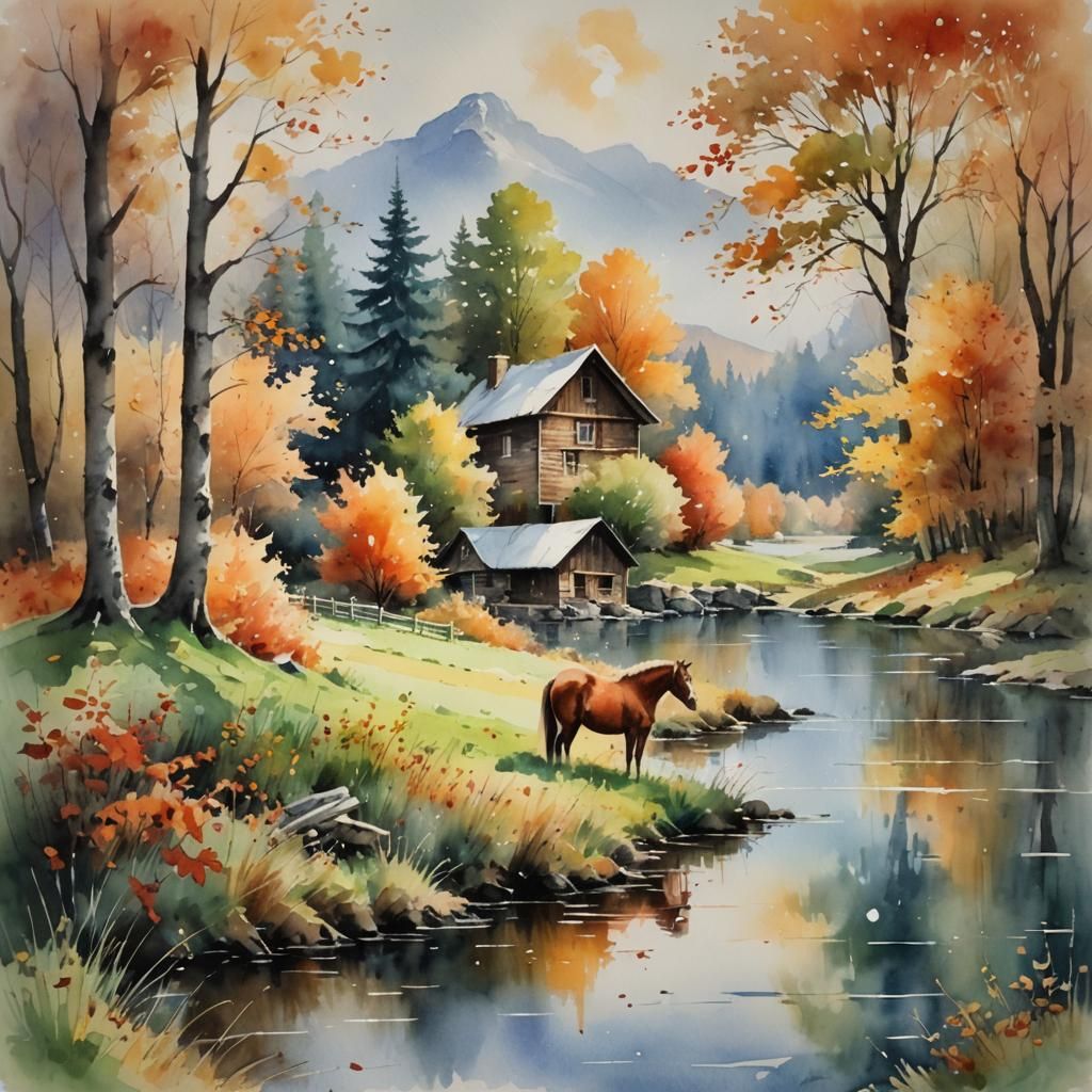 Autumn Lake Cabin in Faded Watercolor Style