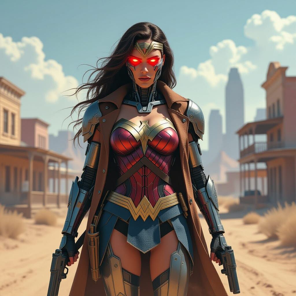 Lone Cyborg Sheriff in Post-Apocalyptic Western Town