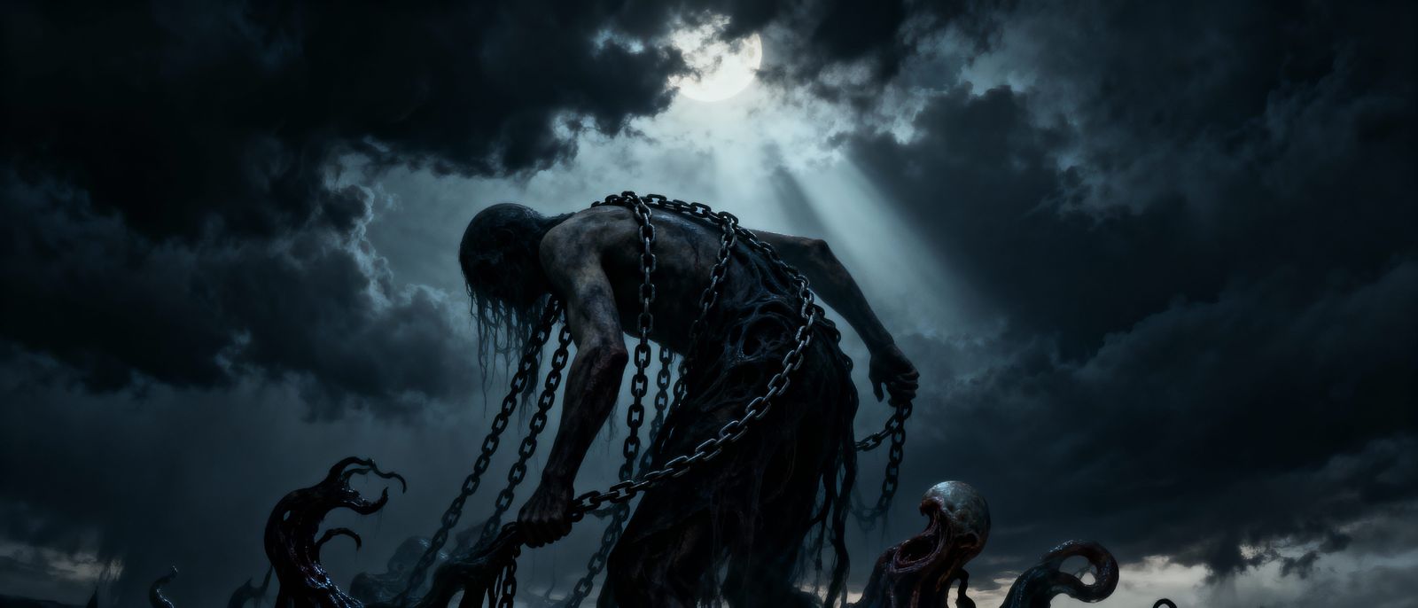 Figure Burdened by Spectral Chains Under Stormy Sky