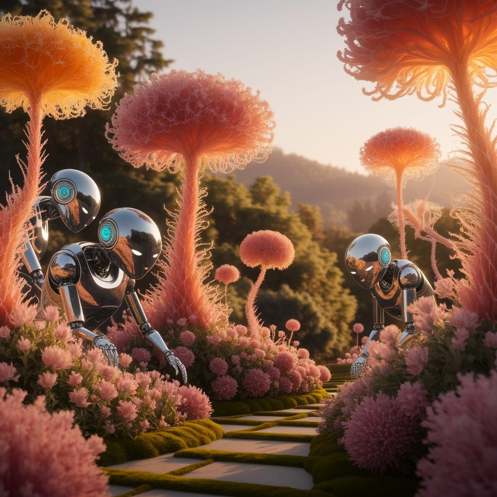 Robots Tending DNA-Grown Garden at Golden Hour
