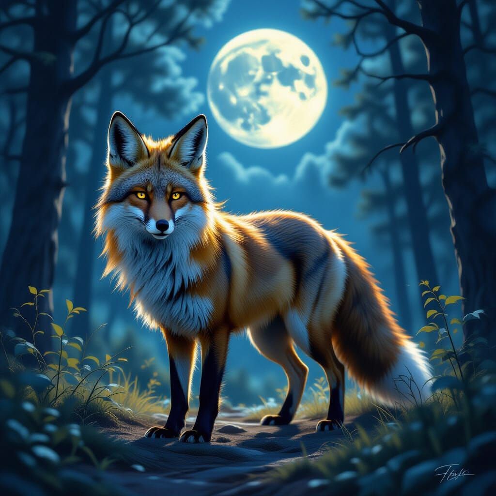 Mystical Fox-Coyote Hybrid in Moonlit Forest